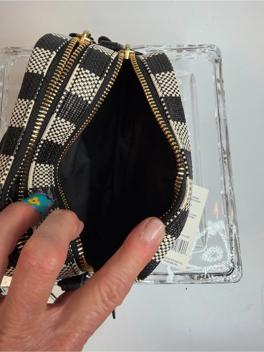 Tory Burch Perry Bombe Gingham Mini Bag Black & White  Crossbody.  NWT